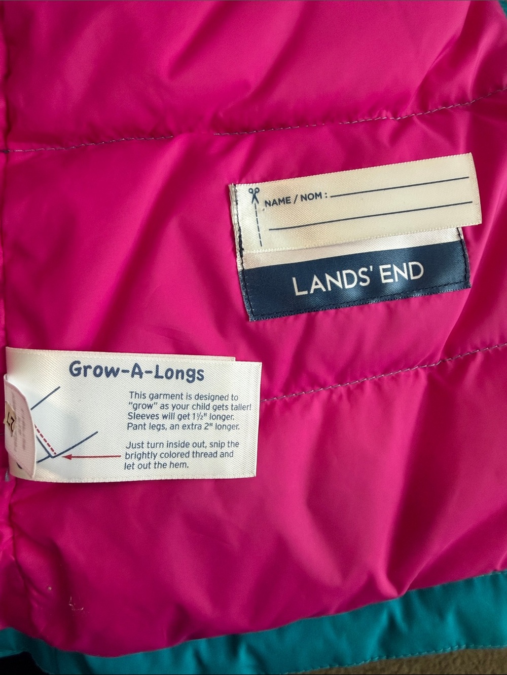 Lands' End Teal Hooded Puffer Jacket with Pink Trim - Picture 6 of 10
